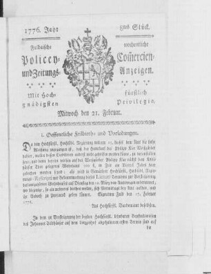 8tes Stück, Ausgabe vom 21. Februar 1776