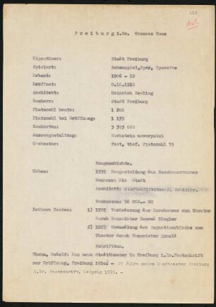 Stadttheater, Freiburg: Schriftstück zum Fragebogen für das Handbuch »Das Deutsche Theater«