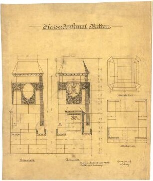 Billing, Hermann; Bretten (Baden-Württemberg), Melanchthonstr. / Bahnhofstr.; Kaiserdenkmal - Seitenansicht, Vorderansicht, Schnitte