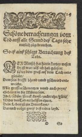 Schöne betrachtungen vom Tod auff alle Stund deß Tags sehr nutzlich zugebrauchen.