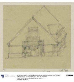 Potsdam Neubabelsberg, Projekt Wohnhaus für Friedrich Sarre, erster Vorentwurf, Skizzenblatt mit Perspektive