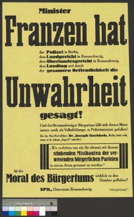 Propagandaplakat der SPD zum Ermittlungsverfahren der                                         preußischen Polizei gegen den braunschweigischen Minister                                         [Anton] Franzen (Verdacht der Begünstigung)