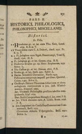 231-324, Pars II. Historici, Philologici, Philosophici, Miscellanei.