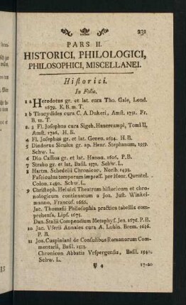 231-324, Pars II. Historici, Philologici, Philosophici, Miscellanei.