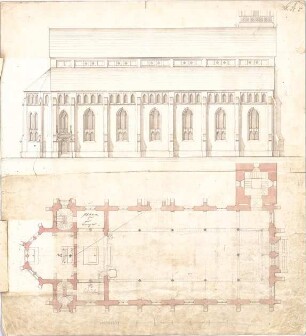 Voit, August von; Selb; Kirche - 1. Variante - Langseite (Grundriss, Ansicht)