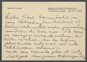 Brief von Georg Kolbe an Grete Heimholt