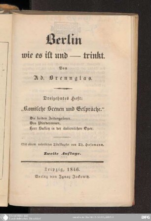 13 Heft: Komische Scenen und Gespräche : Die beiden Zeitungsleser ; das Pferderennen ; Herr Buffey in der italienischen Oper