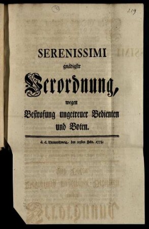 Serenissimi gnädigste Verordnung, wegen Bestrafung ungetreuer Bedienten und Boten : d. d. Braunschweig, den 25sten Febr. 1773