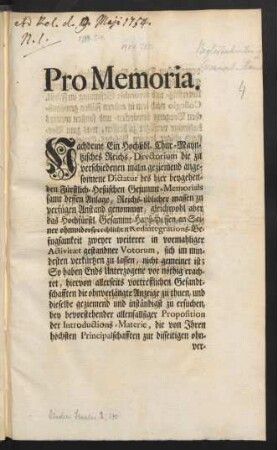 Pro Memoria : [Regenspurg, den 4. May 1754.]