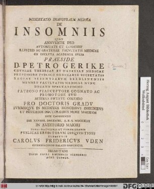Dissertatio Inavgvralis Medica De Insomniis