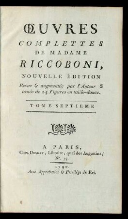 Tome Septieme: Œuvres Complettes De Madame Riccoboni