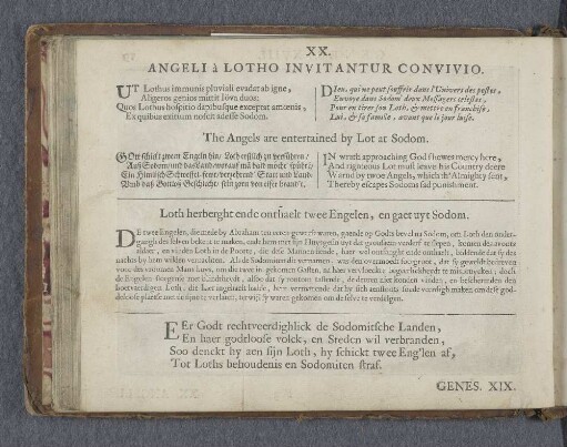 XX. Angeli à Lotho invitantur convivio. The Angels are entertained by Lot at Sodom. Loth herberght ende onthaelt twee Engelen, en gaet uyt Sodom.