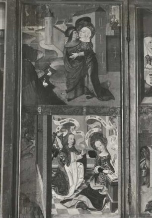 Ehemaliger Hochaltar (Stiftung 1503), rechter Flügel (1. Wandlung) mit Zusammentreffen von Joachim und Anna an der Goldenen Pforte (oben) und Verkündigung. Pfarrkirche, Bützow