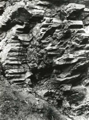 Zittauer Gebirge. Mühlensteinbrücke südlich von Jonsdorf. Schwarzer Bruch "Scheitelsteine" (gefritteter Sandstein) am Basaltstiel des Humboldtfelsens