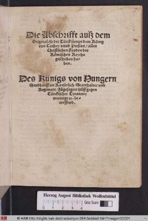 Die Abschrifft ausz dem || Original/ so der Türck sampt dem Künig || von Cathey vnnd Persien/ allen || Christlichen stenden des || Rœmischen Reychs || geschriben ha=||ben.|| Des Künigs von Hungern || Sendbrieff an Kayserlich Statthalter vnd || Regiment/ Z[uo]gesagter hilff gegen || Türckischer Tyranney || merunge [et]c. be=||treffend.||