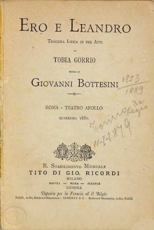 Ero e Leandro : tragedia lirica in tre atti ; Roma, Teatro Apollo, quaresima 1880