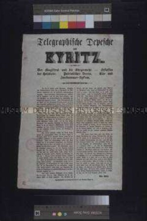 Maueranschlag: Telegraphische Depesche aus Kyritz. Bericht von Otto Reiter über den Patriotischen Verein in Kyritz; undatiert