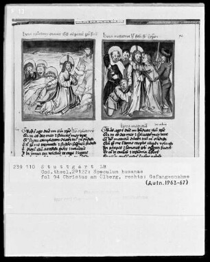 Zwei Schriften — Speculum humanae salvationis — Textseite mit zwei Miniaturen, Folio 94recto