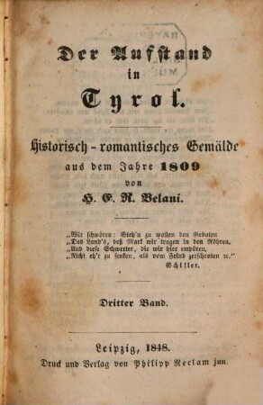 Der Aufstand in Tyrol : Historisch-romantisches Gemälde aus dem Jahre 1809, 3