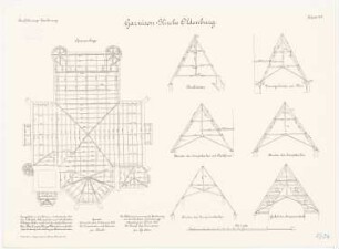 Garnisonskirche, Oldenburg: Grundriss Sparrenlage, Schnitte durch das Dachgeschoss 1:100