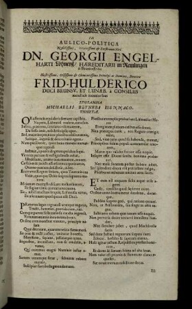 In Aulico-Politica Nobilissimi [...] Dn. Georgii Engelharti Löhneyß [...] Frid-Hulderico Duci Brunsv. Et Lunæb. [...]