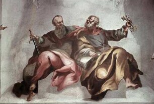 Die Apostel Petrus und Paulus vor einem Säulenstumpf