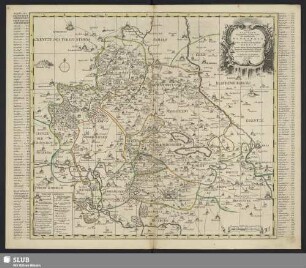 Accurate Geographische Delineation der Graffschafft Mannsfelt Sowohl Chur Sächsisch: als Brandenb. Hoheit : Benebst denen Aemtern Sangerhausen, Querfurth, Sittichenbach, Allstaedt und andern angrentzenden Gegenden
