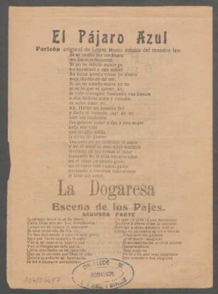 El pájaro azul : Pericón, original de López Monis, música del maestro Ian