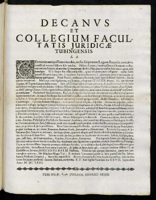 Decanvs Et Collegium Facultatis Juridicae Tubingensis. L. S.