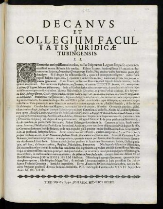 Decanvs Et Collegium Facultatis Juridicae Tubingensis. L. S.