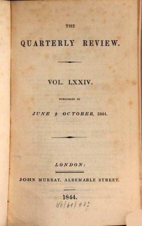 The quarterly review. 74 = No. 147 - 148. 1844