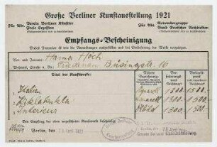 Große Berliner Kunstausstellung 1921 : Abt. Novembergruppe/Bund Deutscher Architekten. Berlin. Empfangsbescheinigung der Großen Berliner Kunstausstellung für Hannah Höch
