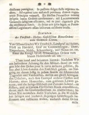 Statuten des Fürstlich-Heßen-Caßelischen RitterOrdens vom Goldenen Löwen.