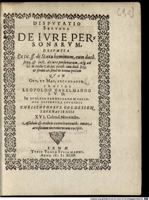 Disputatio Secunda De Iure Personarum : Desumpta Ex tit. ff. de Statu hominum ...