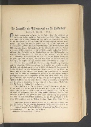 Die Eucharistie als Missionsappell an die Christenheit