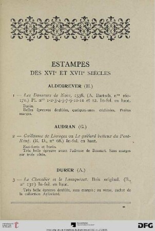 Estampes des XVIe et XVIIe siècles (Nr. 1-14)