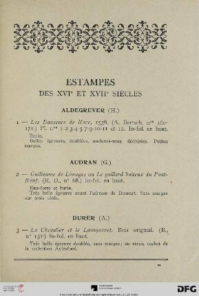 Estampes des XVIe et XVIIe siècles (Nr. 1-14)