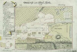 Plan von Schulpforta, 1:17 000, Handzeichnung, um 1790 : Grundriss der Schul Pforte / Hahn. - [Ca. 1:17 000]. - [S.l.] , [um 1790]. - 1 Kt. : Handzeichng. ; Blattgr. 25 x 19 cm