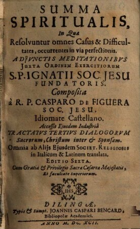 Summa Spiritualis : In Qua Resolvuntur omnes Casus & Difficultates, occurrentes in via perfectionis