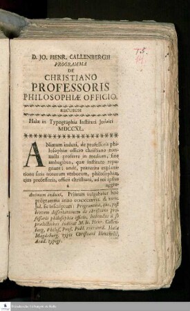 D. Jo. Callenbergii Programma De Christiano Professoris Philosophiæ Officio