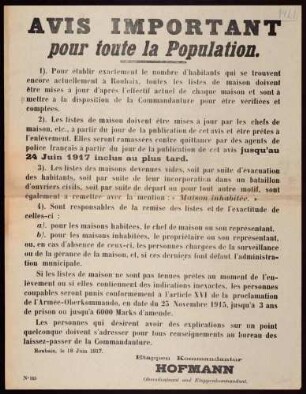 "Avis important pour toute la Population" (Aufruf zur Abgabe der Häuserlisten) (No. 325)
