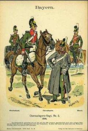 Uniformdarstellung, Oberleutnant, Gemeine und Oberst des 5. Chevauleger-Regiments, Königreich Bayern, 1854.