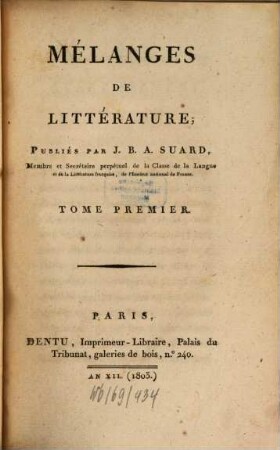 Mélanges de littérature, 1