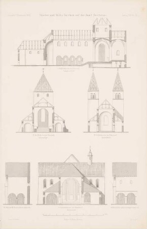 Klosterkirche Mittelzell, St. Georg, Oberzell, Stiftskirche Unterzell, Reichenau: Längsschnitt, Querschnitt Oberzell, Querschnitt Unterzell, Querschnitte Mittelzell (aus: Atlas zur Zeitschrift für Bauwesen, hrsg. v. G. Erbkam, Jg. 19, 1869)