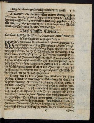Das Fünffte Capittel. Censurae und Urtheil Orthodoxorum Ministeriorum & Theologorum von dieser Sachen.