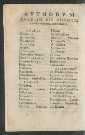 Authorum Quos In His Annotationibus citavimus, nomenclatura.