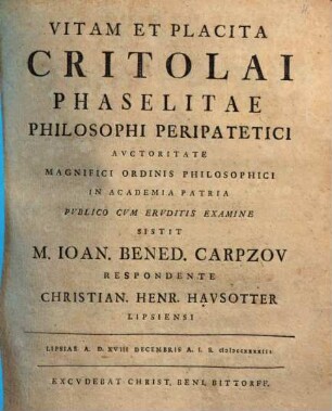 Vitam et placita Critolai Phaselitae, philosophi peripatetici