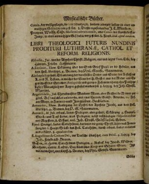 Libri Theologici Futuris Nundinis Prodituri Lutheranæ, Cathol. et Reform. Religionis.