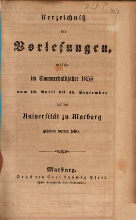 Verzeichnis der Vorlesungen. 1858, 1858. SH.