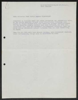 Brief von Gerhart Hauptmann an Magnus Hirschfeld